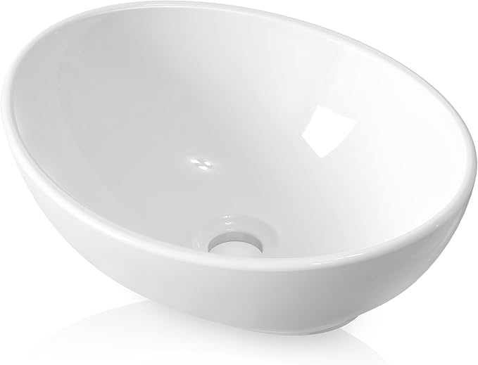 KES Bathroom Vessel Sink, 16" x 13" Oval Vessel Sink for Bathroom Vanity Countertop, Glossy White Ceramic Bowl Sink Egg Shape Above Counter, Modern Look, Crafted to Endure, BVS124