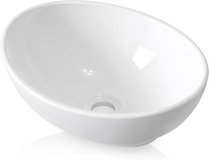 KES Bathroom Vessel Sink, 16" x 13" Oval Vessel Sink for Bathroom Vanity Countertop, Glossy White Ceramic Bowl Sink Egg Shape Above Counter, Modern Look, Crafted to Endure, BVS124