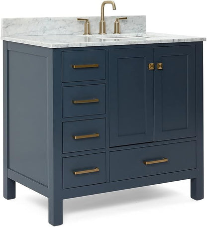 ARIEL Cambridge 36-inch Bathroom Vanity with Sink,Solid Wood, 0.75-inch Italian Carrara Marble Countertop, Single Rectangular Porcelain Sink, 2 Soft Closing Doors, 5 Dovetail Drawers, Midnight Blue