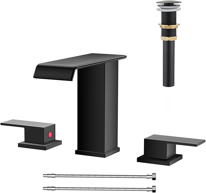 Matte Black Waterfall Bathroom Faucet 3 Hole, 8 Inch Widespread Modern 3 Piece Bathroom Sink Faucet, Touch On Lavatory Faucet for Vanity RV Restroom, Straight Spout