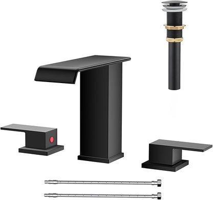 Matte Black Waterfall Bathroom Faucet 3 Hole, 8 Inch Widespread Modern 3 Piece Bathroom Sink Faucet, Touch On Lavatory Faucet for Vanity RV Restroom, Straight Spout
