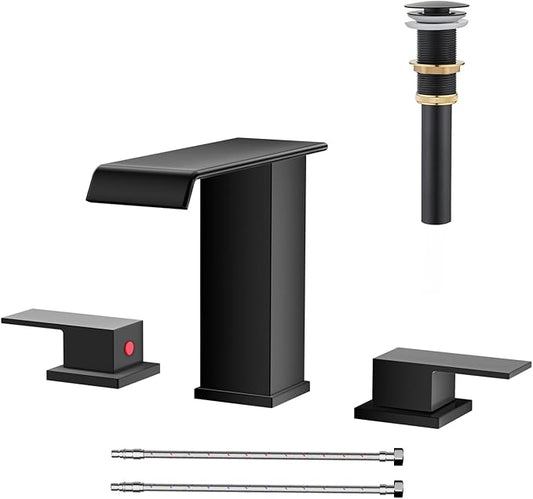 Matte Black Waterfall Bathroom Faucet 3 Hole, 8 Inch Widespread Modern 3 Piece Bathroom Sink Faucet, Touch On Lavatory Faucet for Vanity RV Restroom, Straight Spout