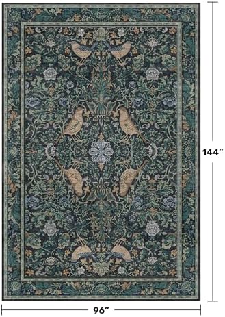 Vintage 8x12 Area Rugs for Living Room - Blue Soft Floral Rug for Bedroom, Dining Room, Washable Botanical Bird Carpet, Non-Slip Stain Resistant Low Pile Throw Rug Indoor Door Mat