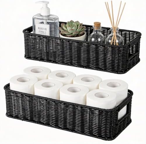 2pcs Toilet Paper Basket Black Handwoven Wicker Shelf Storage Basket