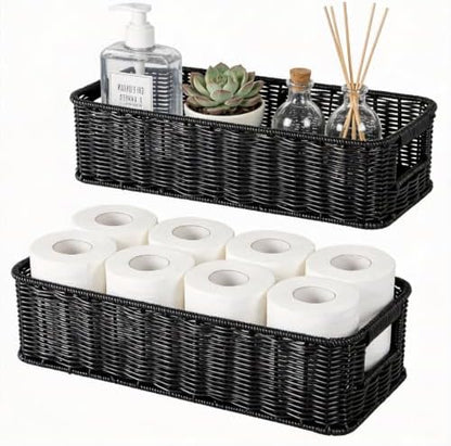 2pcs Toilet Paper Basket Black Handwoven Wicker Shelf Storage Basket