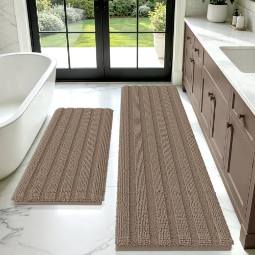 ACCUMTEK Striped Dark Beige Bathroom Rug Mat Set 2 piece 32"x20"+60"x20" Ultra Soft, Non Slip Chenille Bath Rugs, Absorbent Plush Shaggy Bath Mats for Bathroom, Bedroom, Kitchen, Shower, Tub,Taupe