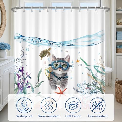 Ocean Theme Waterproof Fabric Shower Curtain with Weighted Hem, Funny Diving Cat Cute Shower Curtain with 12 Hooks and Grommets, Machine Washable Bathroom Shower Curtains, 72x72 Inches