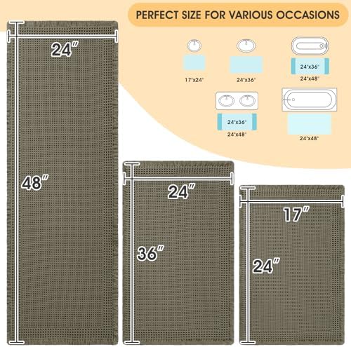 Upgrade Waffle Bath Mat Set 3 Piece, Greyish Green, Boho Bathroom Rugs Absorbent Non Slip, Ultra Soft Bathroom Mat, Machine Washable Knit Bath Rugs with Border for Bathroom, Kitchen, Shower, Tub