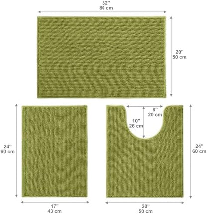 Urvoix Bathroom Rugs Sets 3 Piece, Chenille Bath Mat Set, Moderate Olive