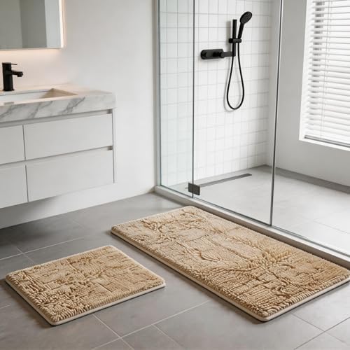 RUN HELIX Beige Bath Mat Set - 32"L x 20"W + 24"L x 16"W, Non Slip, Machine Washable, Home Decor