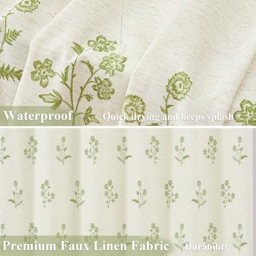 ORTIGIA Linen Shower Curtain Cottagecore Vintage Green Floral 72 W x 72 L