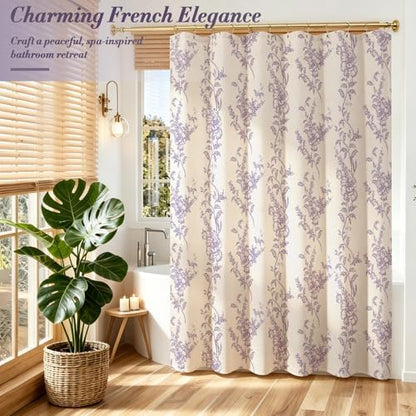 Purple Linen Farmhouse Shower Curtain, Boho Floral Bathroom 72x78