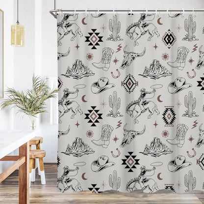 Extra Long Grey Western Cowboy Shower Curtain, 12 Hooks, 72" Wx84 L