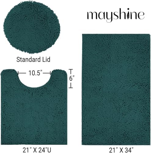 Standard 3pc Set Chenille Bath Mats, Includes 21"x24" U-Shaped Contour Toilet Rug, 21"x34" Inches Bathmat and 1 Toilet Lid Cover, Plush Absorbent Bath Mats Quick Dry, Teal