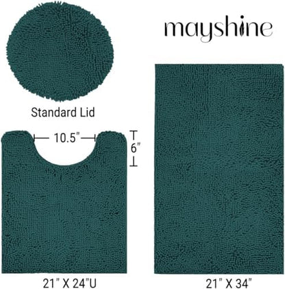 Standard 3pc Set Chenille Bath Mats, Includes 21"x24" U-Shaped Contour Toilet Rug, 21"x34" Inches Bathmat and 1 Toilet Lid Cover, Plush Absorbent Bath Mats Quick Dry, Teal