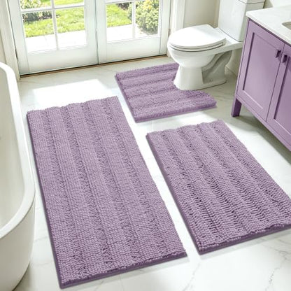 ACCUMTEK Striped Lavender Bathroom Rug Set 3 Pieces Ultra Soft, Non Slip Chenille Toilet Mat, Absorbent Plush Shaggy Bath Mats for Bathroom, Bedroom, Kitchen, Mauve