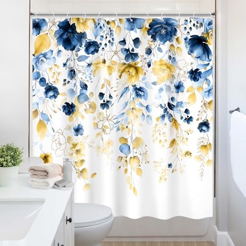 Blue Yellow Floral Watercolor Eucalyptus Leaf Bathroom Shower Curtain Set