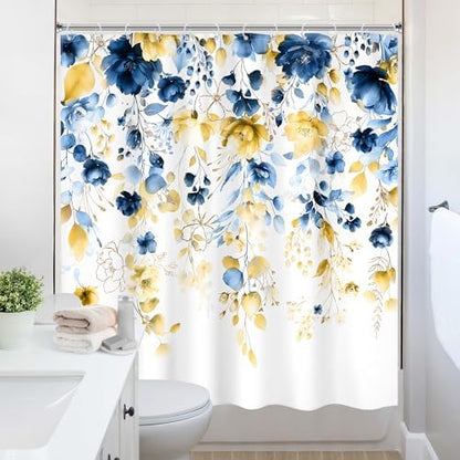 Blue Yellow Floral Watercolor Eucalyptus Leaf Bathroom Shower Curtain Set