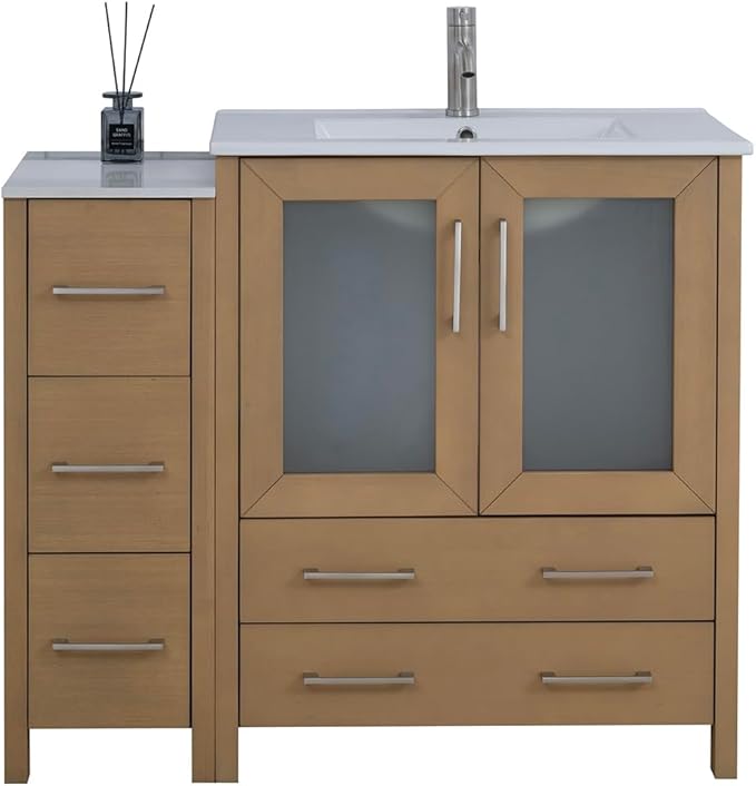 Vanity Art 42 Inch Under Mount Single Sink Bathroom Vanity Cabinet with 1 Mirror, Ceramic Top Bathroom Cabinet Compact Set with 5 Dovetail Storage Drawers, Brushed Nickel Handles, VA3030-42-NO