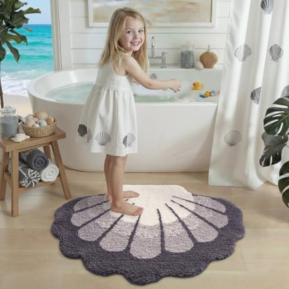DEXI Cute Seashell Bath Mat, Coastal Scallop Bathroom Rug, 31x24 Grey