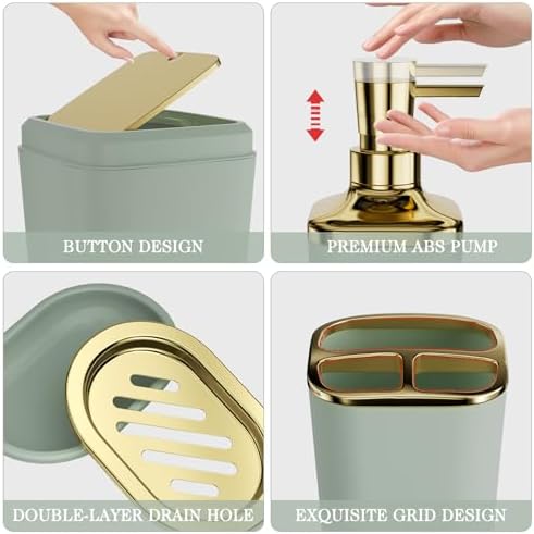 XLHOMO Bathroom Accessories Set - 25PC Bathroom Set with Shower Curtain and Rugs, Sage Green Bathroom Set, Bathroom Accessory Set with Press-on Lid Trash Can, Soap Dispenser and Qtip Holders