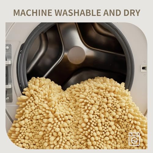 Bathroom Rugs Non Slip Washable 55x24, Extra Thick Soft Chenille Absorbent Bath Mat, High Density Barrier Non Slip Backing, Quick Dry Plush Shaggy Floor Carpet for Tub&Shower, Yellow