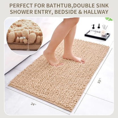 Bathroom Rugs Non Slip Washable 70x24, Extra Thick Soft Chenille Absorbent Bath Mat, High Density Barrier Non Slip Backing, Quick Dry Plush Shaggy Floor Carpet for Tub&Shower, Beige