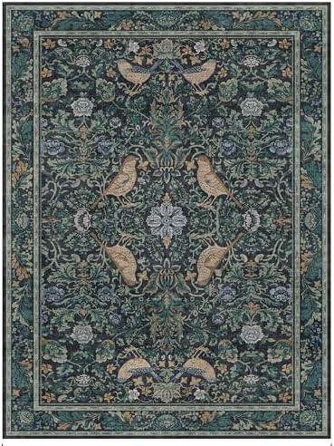 Washable 6x8 Blue Floral Area Rug for Living Room, Boho Farmhouse Dining Room Rug, Low Pile Soft Bedroom Carpet, Plant & Bird Pattern Home Décor, Non Slip & Stain Resistant