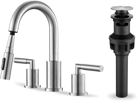 Tohlar Bathroom Faucet with Sprayer, Widespread Bathroom Faucets Brushed Nickel 8 Inch Basin Sink Tap 3 Holes, 2 Handle Vanity Faucet with Pull Out Sprayer Pop Up Drain Assembly Included