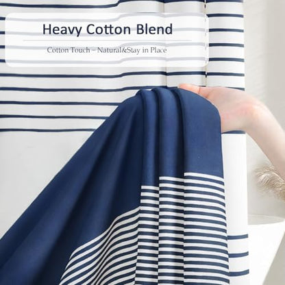 Navy Blue Coastal Ocean Cotton Striped Shower Curtain with Tassel 72W X 78L