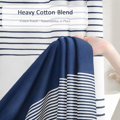 Navy Blue Coastal Ocean Cotton Striped Shower Curtain with Tassel 72W X 72L
