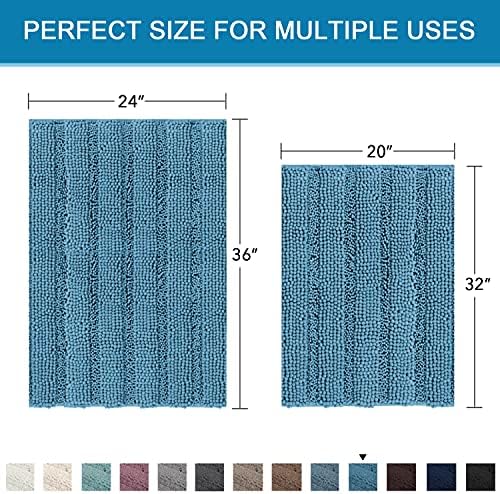 H.VERSAILTEX 2 Piece Bathroom Set - Super Absorbent Chenille Striped Bath Mats - Non Skid, Machine Washable - Turquoise Blue, 24 x 36 Plus 20 x 32 Inches