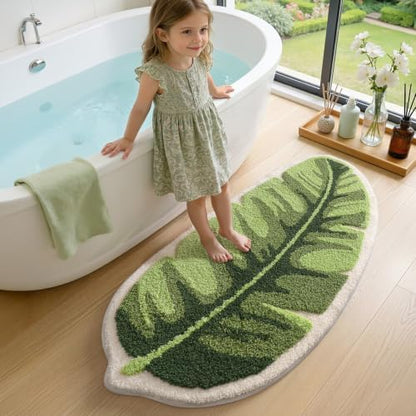 LUMI Cute Bathroom Rug Green Leaf, Absorbent Non Slip Bath Mat, 24"x48"