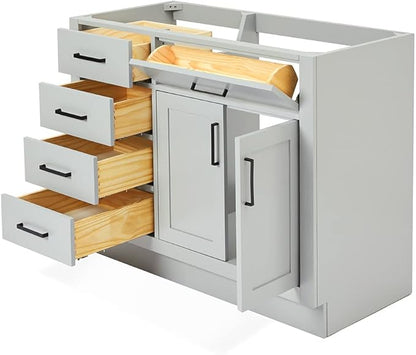 ARIEL Hepburn 42-inch Bathroom Vanity Base Cabinet,Solid Wood, 2 Soft Closing Doors, 5 Dovetail Drawers, Grey