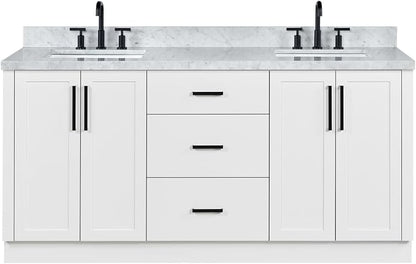 ARIEL Loren 72-inch Bathroom Vanity with Sink,Solid Wood, 1.5-inch Italian Carrara Marble Countertop, Double Rectangular Porcelain Sink, 4 Soft Closing Doors, 3 Dovetail Drawers, White