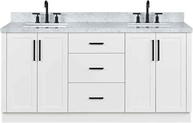 ARIEL Loren 72-inch Bathroom Vanity with Sink,Solid Wood, 1.5-inch Italian Carrara Marble Countertop, Double Rectangular Porcelain Sink, 4 Soft Closing Doors, 3 Dovetail Drawers, White