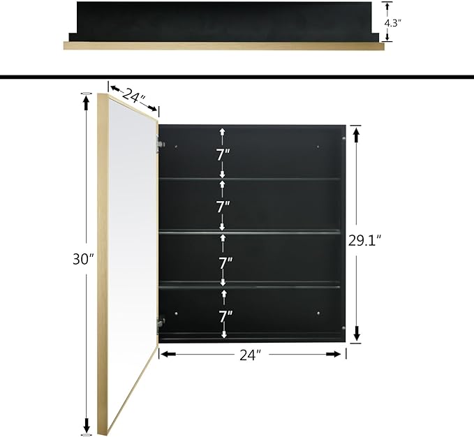 24”x30” Medicine Cabinet with Aluminum Frame,Surface or Recessed Medicine Cabinet Mirror for Bathroom,Bathroom Mirror with Storage,Gold