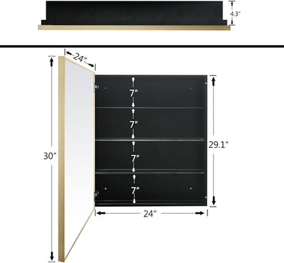 24”x30” Medicine Cabinet with Aluminum Frame,Surface or Recessed Medicine Cabinet Mirror for Bathroom,Bathroom Mirror with Storage,Gold
