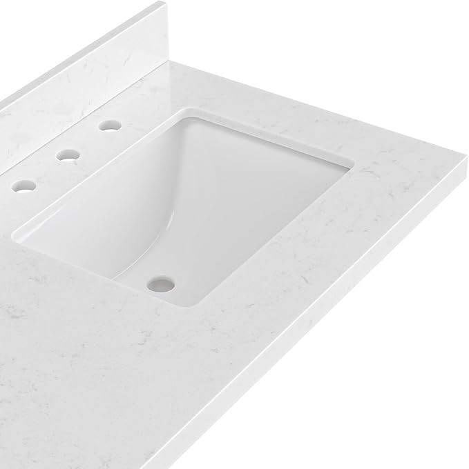 ARIEL 60 inch Double Bathroom Vanity top with Sink, 1.5 Inch Thick Miter Edge Carrara White Quartz top, Rectangle Double Sink Vanity top, Includes Backsplash
