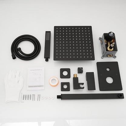 Matte Black Shower System 10 Inch Bathroom Luxury Rain Mixer Shower Combo Set Wall Mounted Rainfall Shower Head and Handheld System Shower Faucet Rough-in Valve Body and Trim Kit
