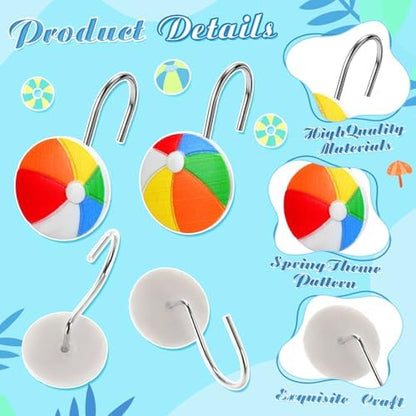 Thyle 12 Pcs Summer Beach Shower Curtain Hooks - Colorful Beach Ball Resin Decorative Curtain Rings Rust Proof Stainless Steel for Coastal, Summer Hawaiian Tropical Bathroom Bedroom Party Decor