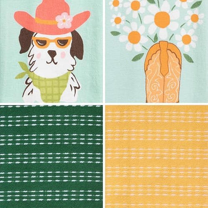 Ritz 4-Piece Kitchen Towel Set, Cool It Cowboy Dog & Daisy Boot Prints with Pine Green & Yellow Textured Terry, 100% Cotton & Absorbent Blend, 16" x 26", Western Boho Coastal Cowgirl Kitchen Decor