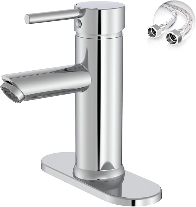 Chrome Bathroom Faucet 1 Hole, Greenspring Single Lever Bathroom Sink Faucets Modern Deck Mount One Hole Lavatory Vanity Faucet with Deck Plate and Supply Line, Brass