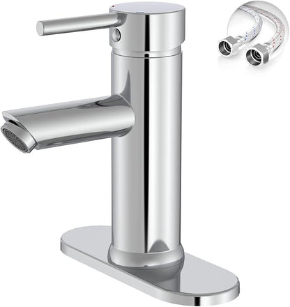 Chrome Bathroom Faucet 1 Hole, Greenspring Single Lever Bathroom Sink Faucets Modern Deck Mount One Hole Lavatory Vanity Faucet with Deck Plate and Supply Line, Brass