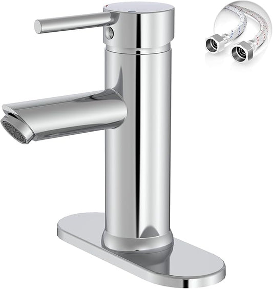 Chrome Bathroom Faucet 1 Hole, Greenspring Single Lever Bathroom Sink Faucets Modern Deck Mount One Hole Lavatory Vanity Faucet with Deck Plate and Supply Line, Brass