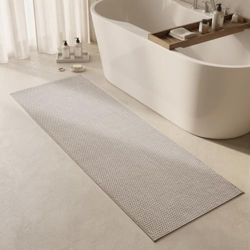 Triohero Bathroom Runner Rugs, Long Bath Mat Runner Washable Thin Quick Dry Low Pile Bathroom Runner Rugs Non Slip, Beige 24"x70"