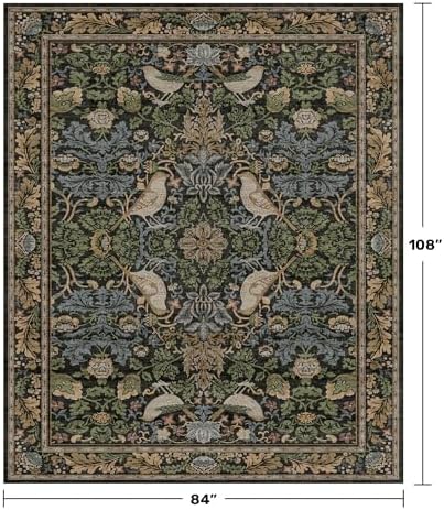 Hazo Haus Washable Living Room Rug 7x9 - Dark Floral Nature Rugs for Bedroom, Dining Room Kitchen Table Rug for Under Table, Office, Stain Resistant Non-Slip Large - Brown/Dark Green