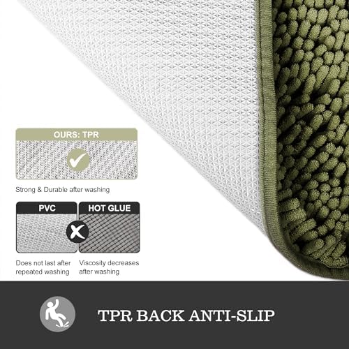 Yeaban Chenille Sage Bathroom Rug 26"x44", Non-Slip Rubber Backing