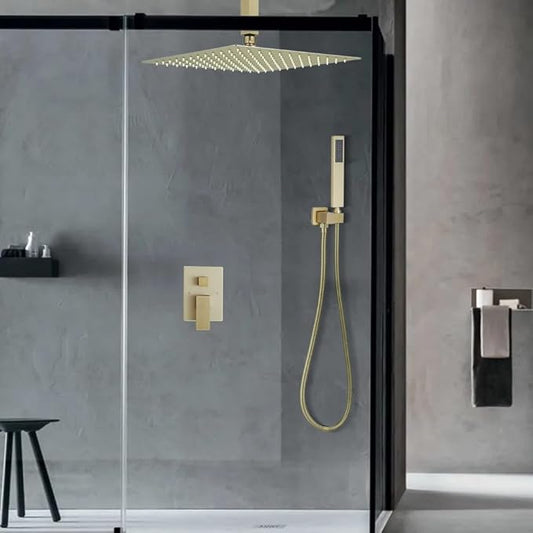 16 Inch Ceiling Mount Brushed Gold Shower System Bathroom Luxury Rain Mixer Shower Combo Set Ceiling Rainfall Shower Head System (Contain Shower Faucet Rough-in Valve Body and Trim Kit)