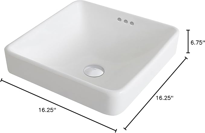 Kraus KCR-281-CH Modern Elavo Ceramic Square Semi-Recessed Bathroom Sink with Overflow and Pop Up Drain, Chrome/White 16.25